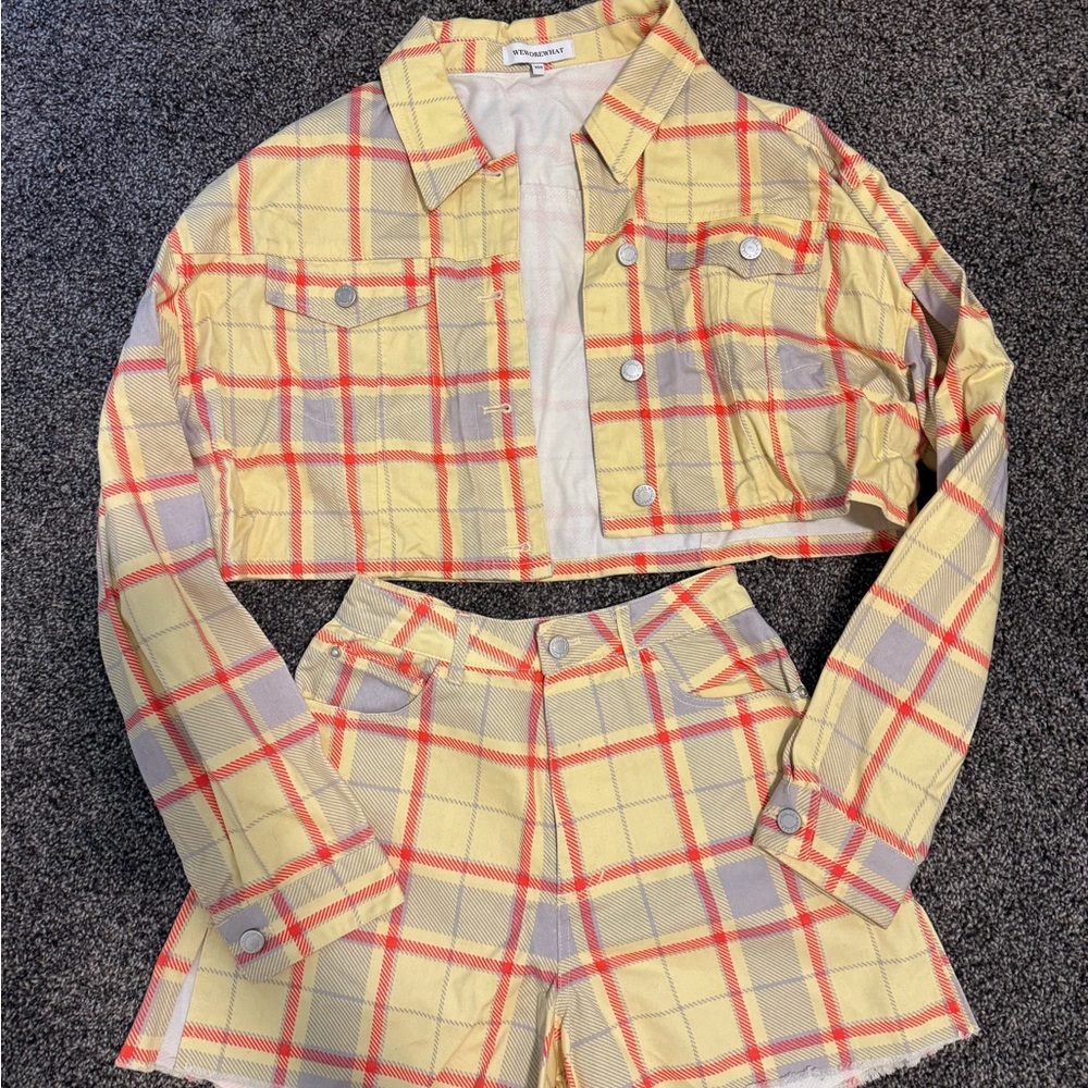 WeWoreWhat Yellow Plaid Jacket and Shorts Set